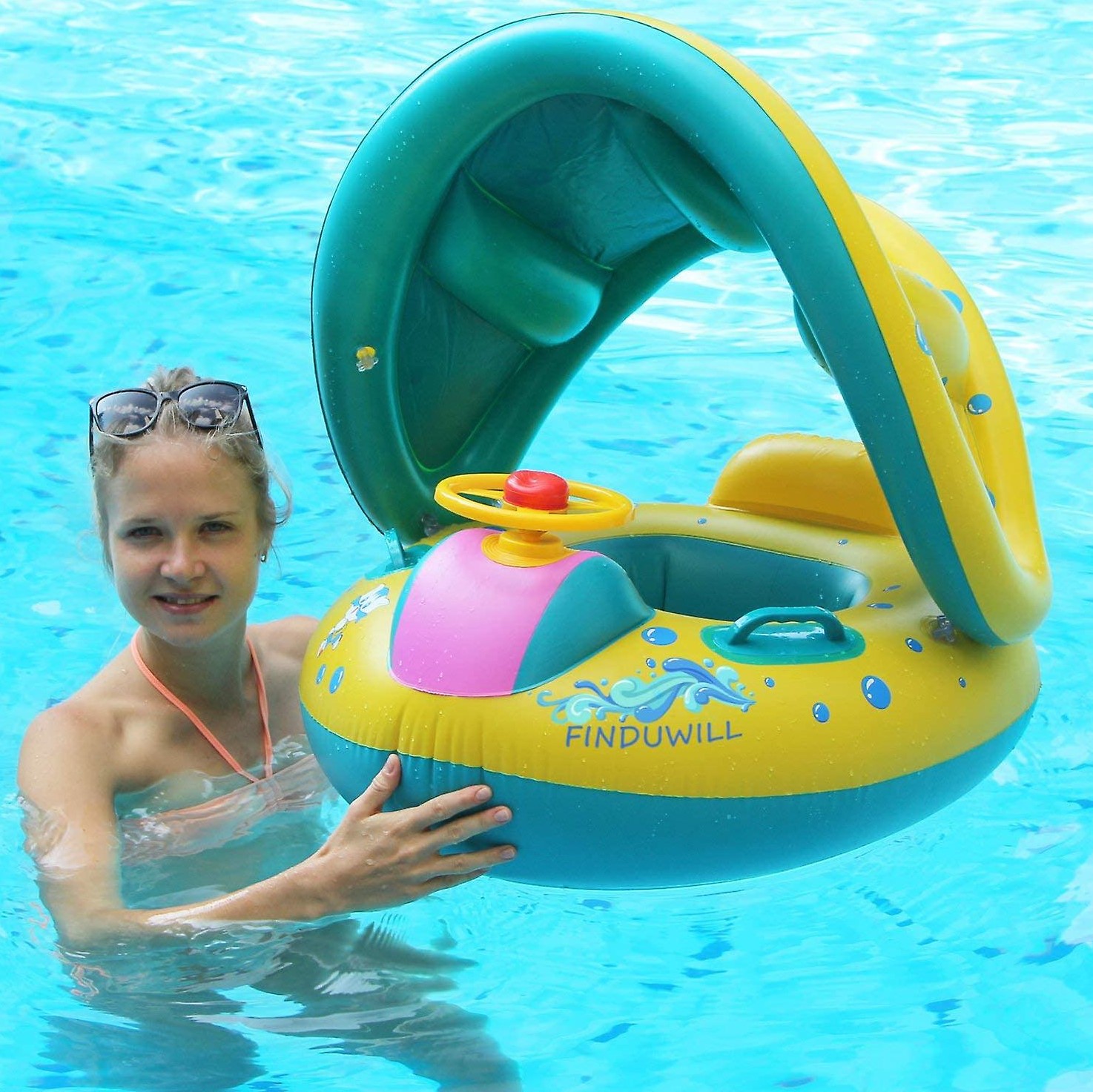 Swimtrainer Βρεφικό - Παιδικό Φουσκωτό Σωσίβιο με Τιμόνι - Λαβές & Σκίαστρο - Inflatable Swim Boat with Shade